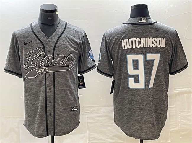 Men's Detroit Lions #97 Aidan Hutchinson Gray Cool Base Stitched Baseball Jersey - Click Image to Close